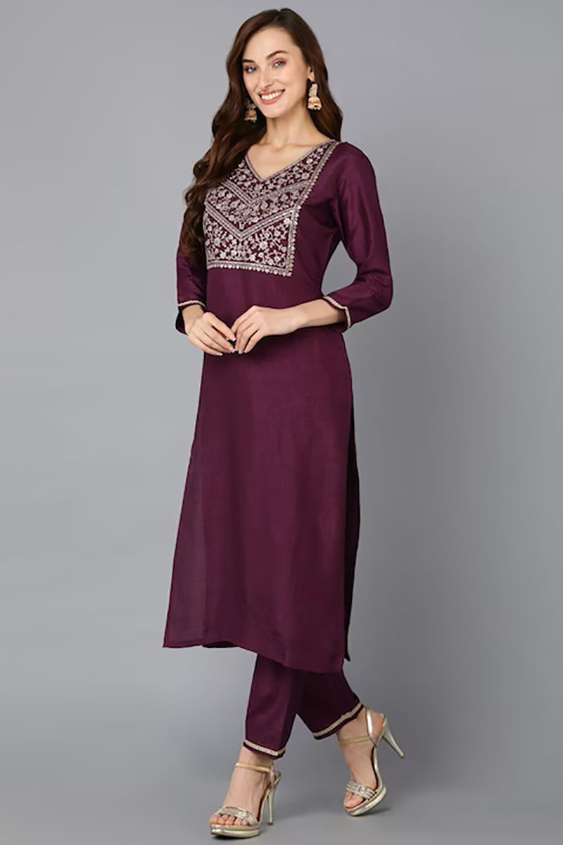 Purple Silk Blend Solid Straight Suit Set PKSKD1841