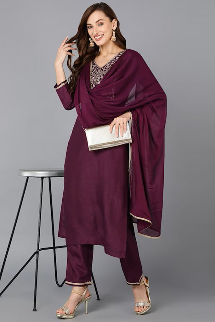 Purple Silk Blend Solid Straight Suit Set PKSKD1841