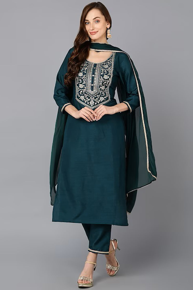 Green Silk Blend Solid Straight Suit Set PKSKD1842