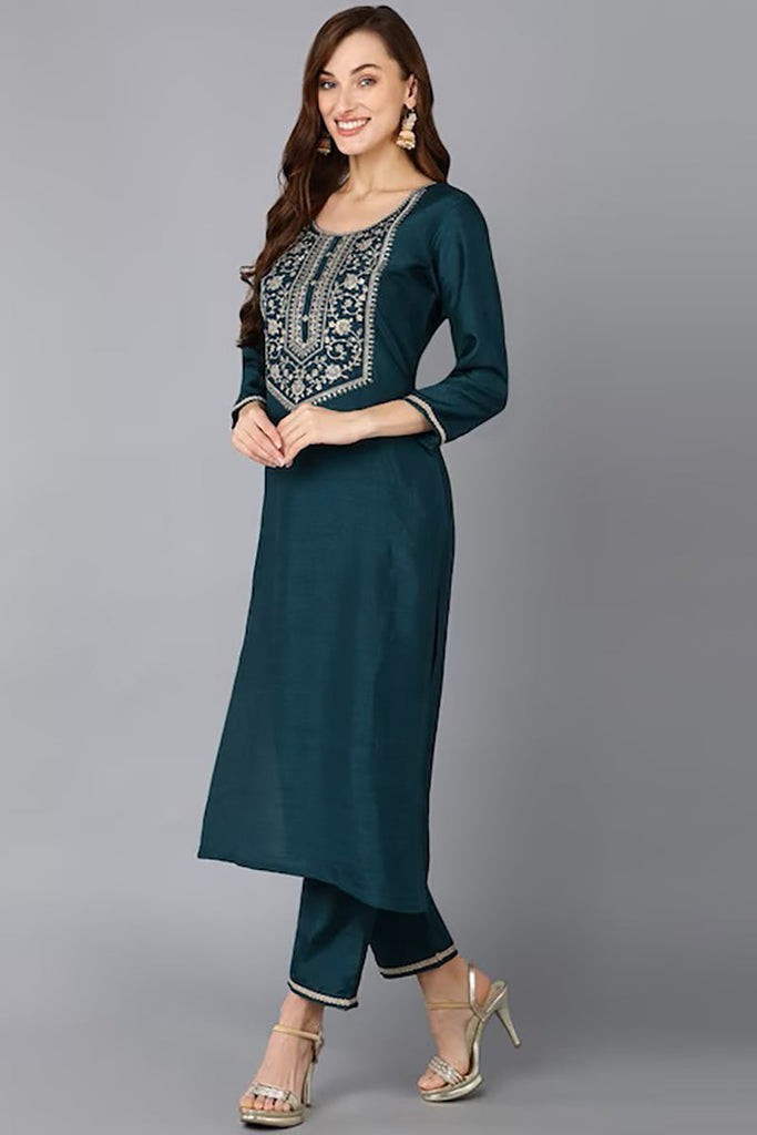 Green Silk Blend Solid Straight Suit Set PKSKD1842