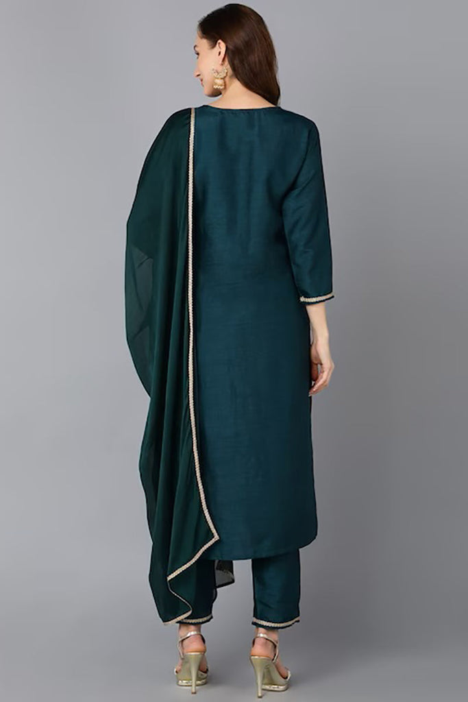 Green Silk Blend Solid Straight Suit Set PKSKD1842