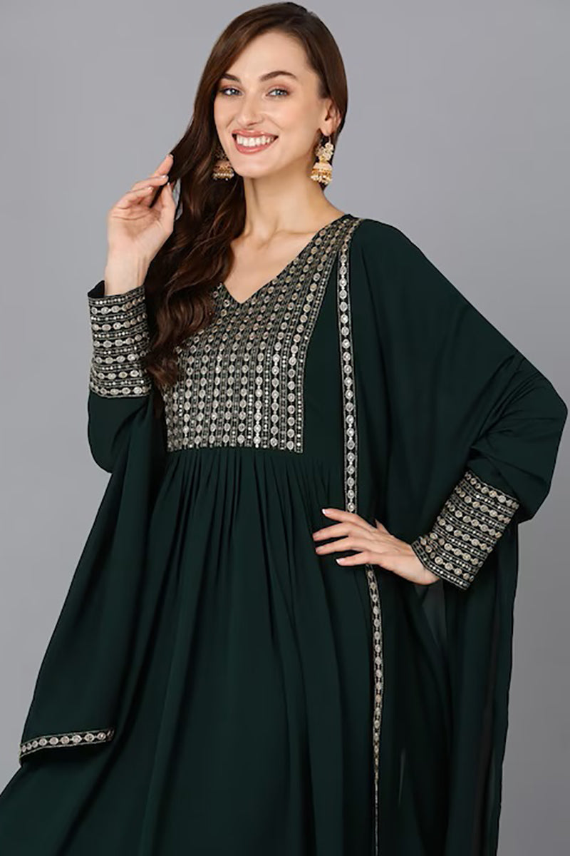 Green Georgette Solid Anarkali Suit Set PKSKD1843