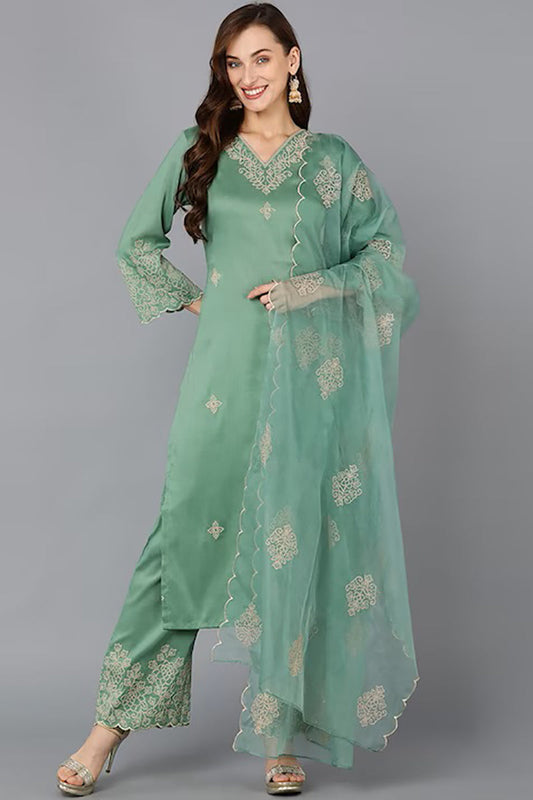 Green Silk Blend Floral Straight Suit Set PKSKD1845