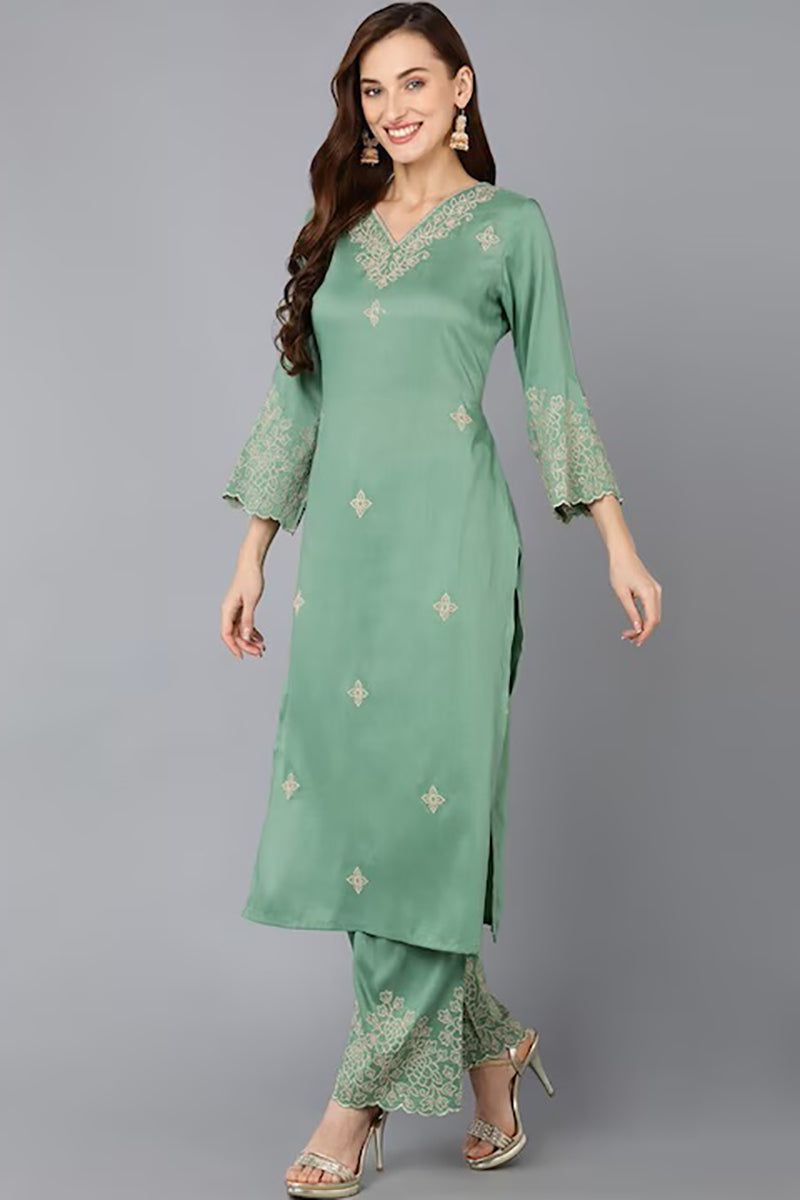 Green Silk Blend Floral Straight Suit Set PKSKD1845