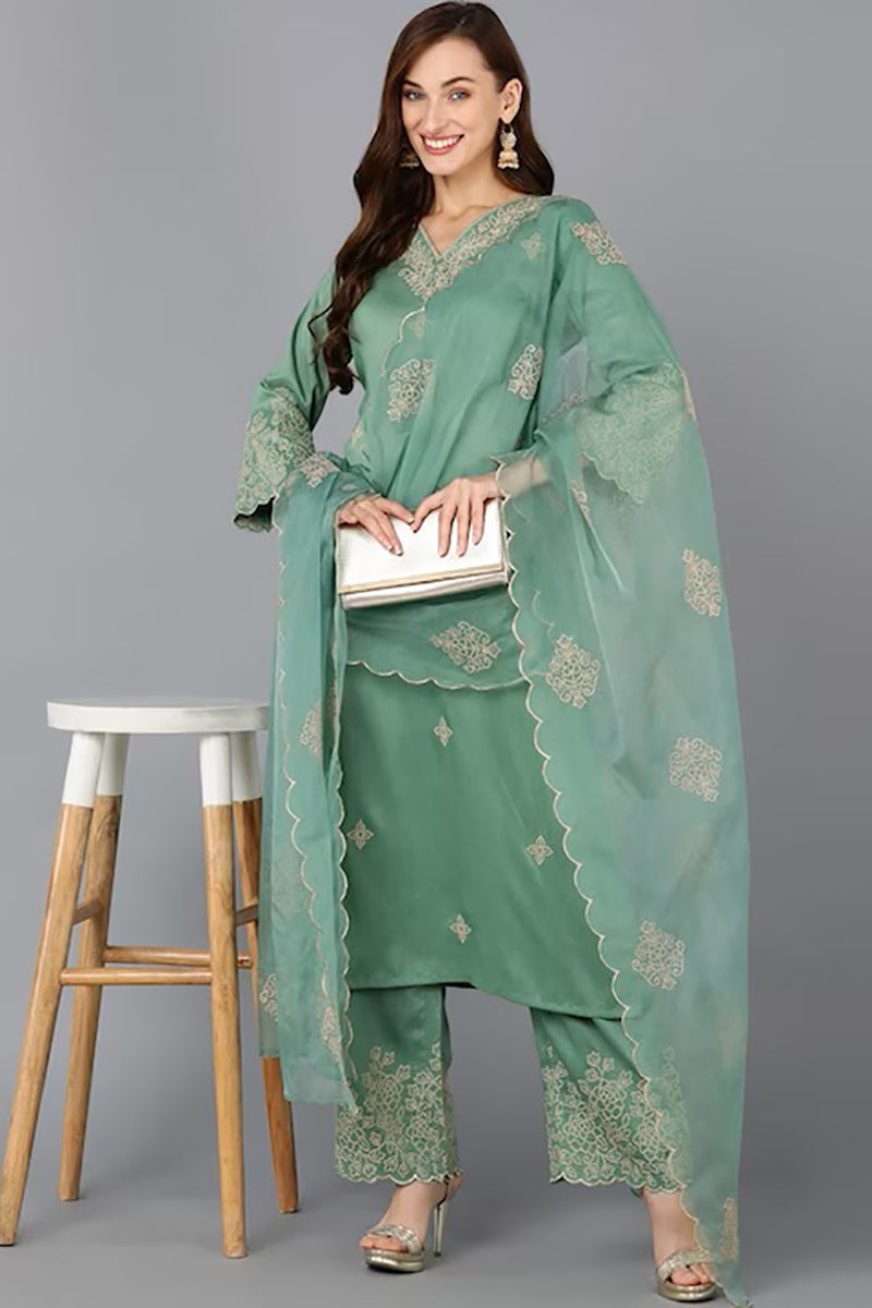 Green Silk Blend Floral Straight Suit Set PKSKD1845