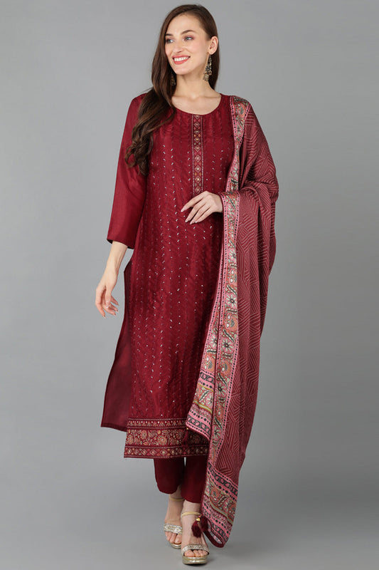 Maroon Silk Blend Straight Kurta Pant With Dupatta PKSKD1847