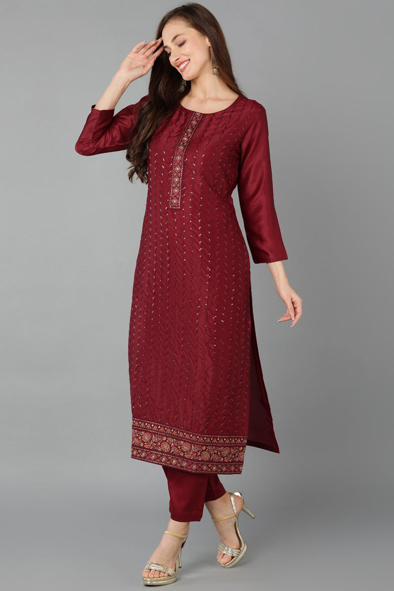 Maroon Silk Blend Straight Kurta Pant With Dupatta PKSKD1847