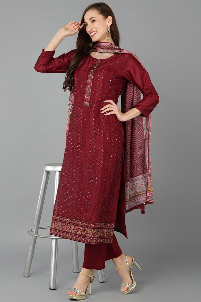 Maroon Silk Blend Straight Kurta Pant With Dupatta PKSKD1847