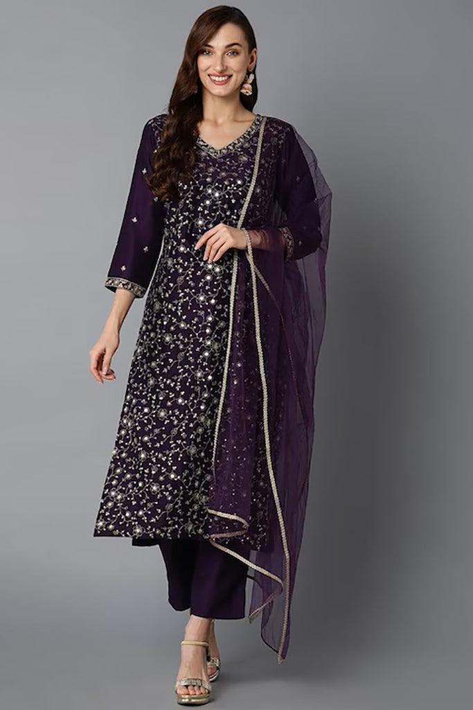 Purple Silk Blend Ethnic Motifs Straight Suit Set PKSKD1848