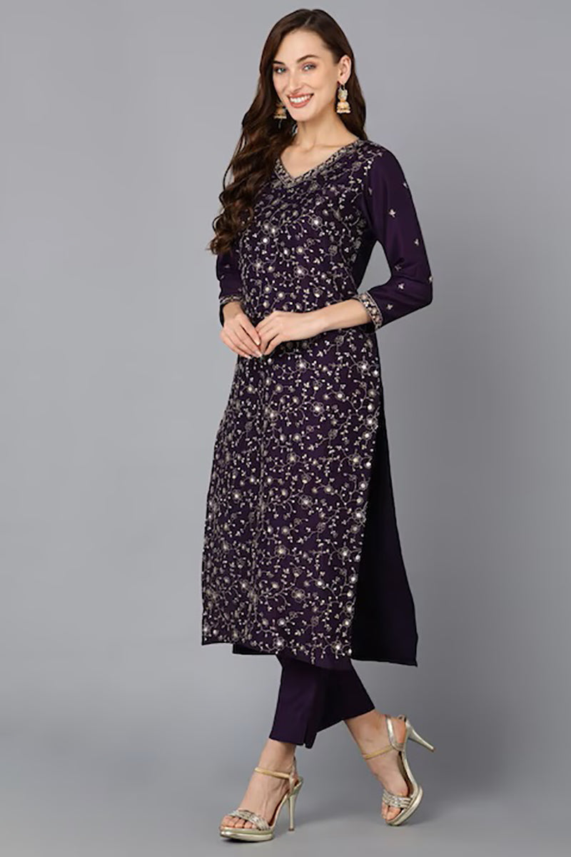 Purple Silk Blend Ethnic Motifs Straight Suit Set PKSKD1848