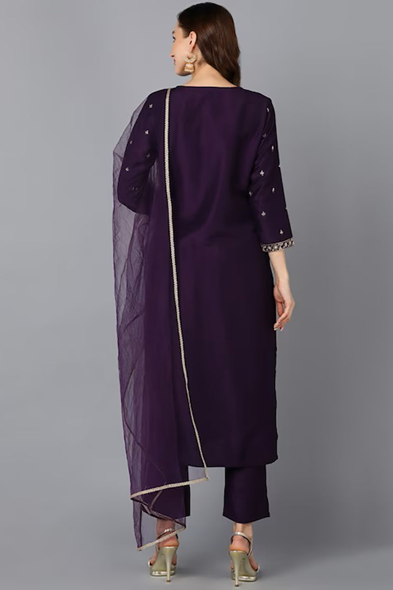 Purple Silk Blend Ethnic Motifs Straight Suit Set PKSKD1848