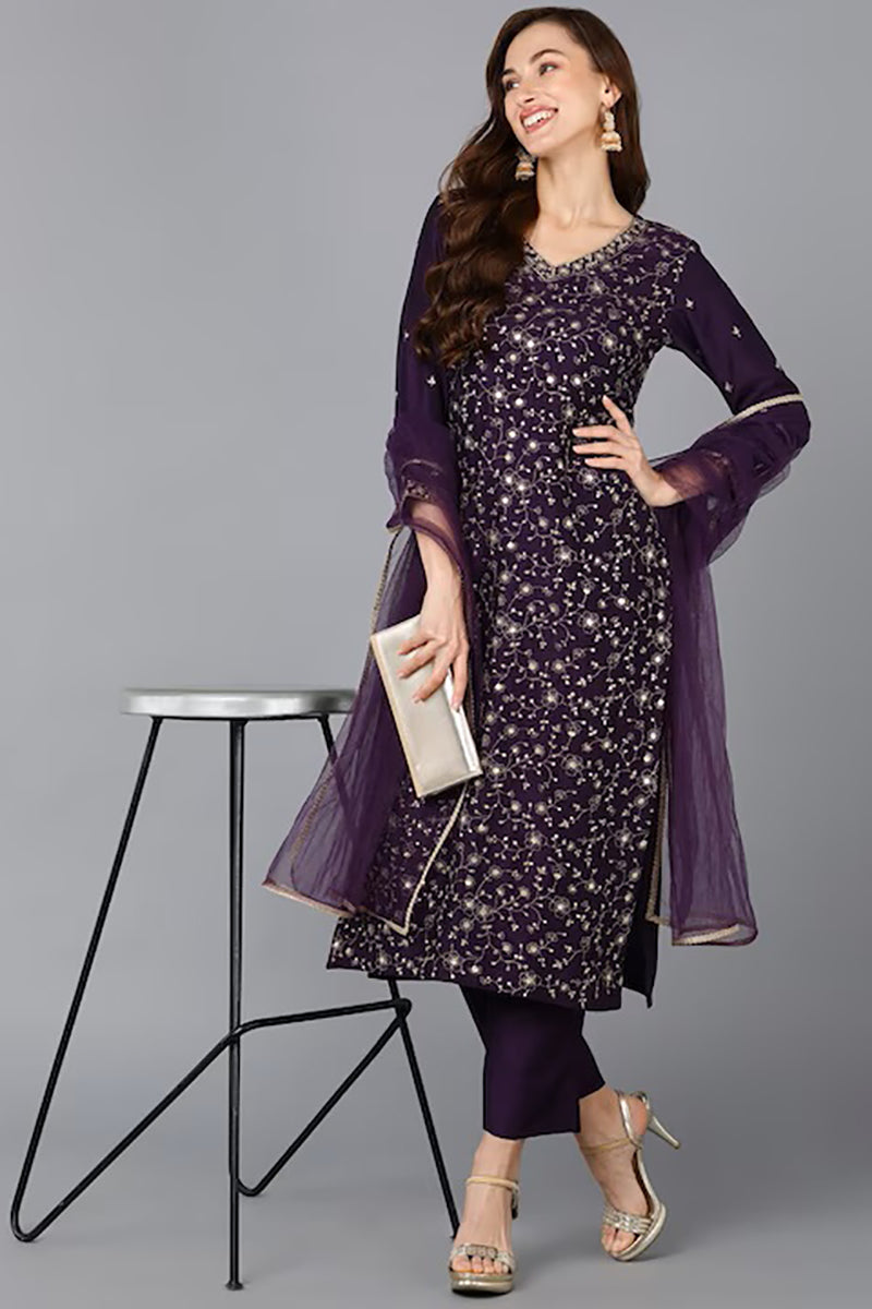 Purple Silk Blend Ethnic Motifs Straight Suit Set PKSKD1848