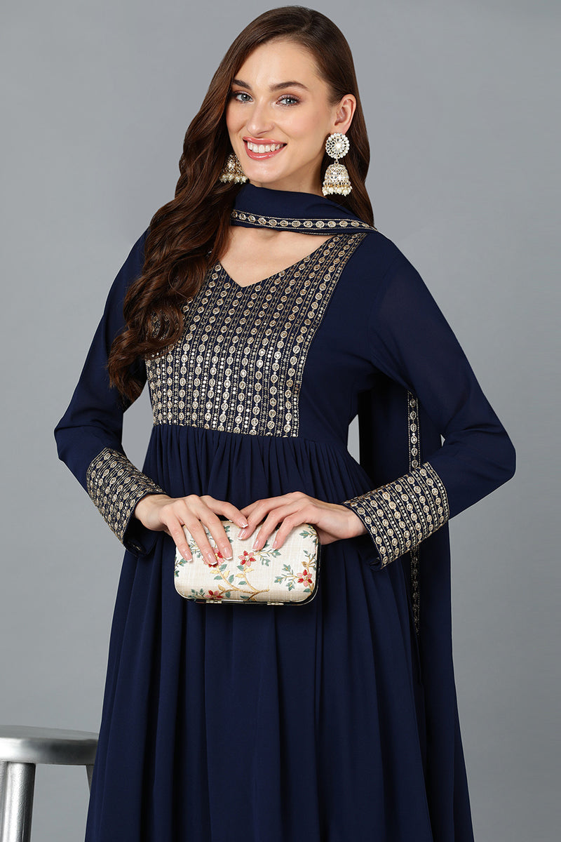 Navy Blue Georgette Sequinned Flared Suit Set PKSKD1850