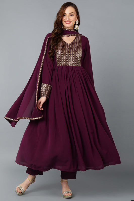 Burgundy Georgette Yoke Design Kurta Pant With Dupatta PKSKD1852