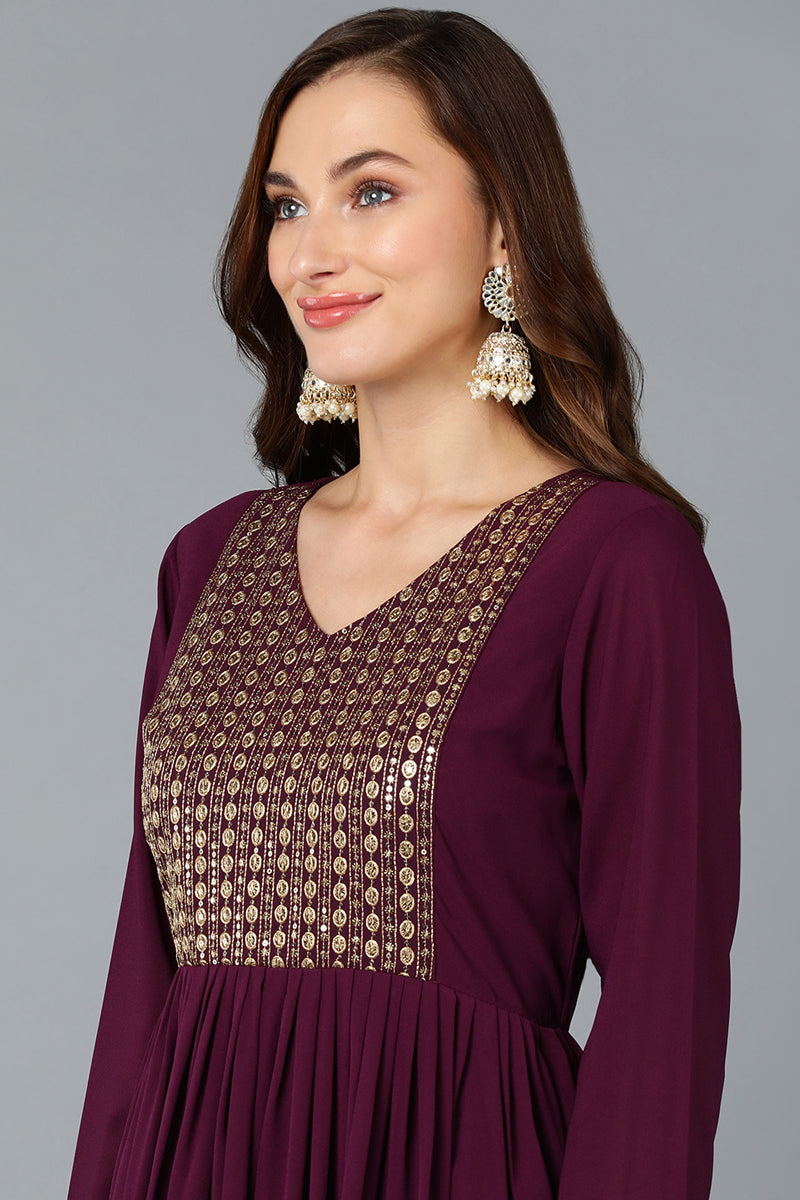 Burgundy Georgette Yoke Design Kurta Pant With Dupatta PKSKD1852