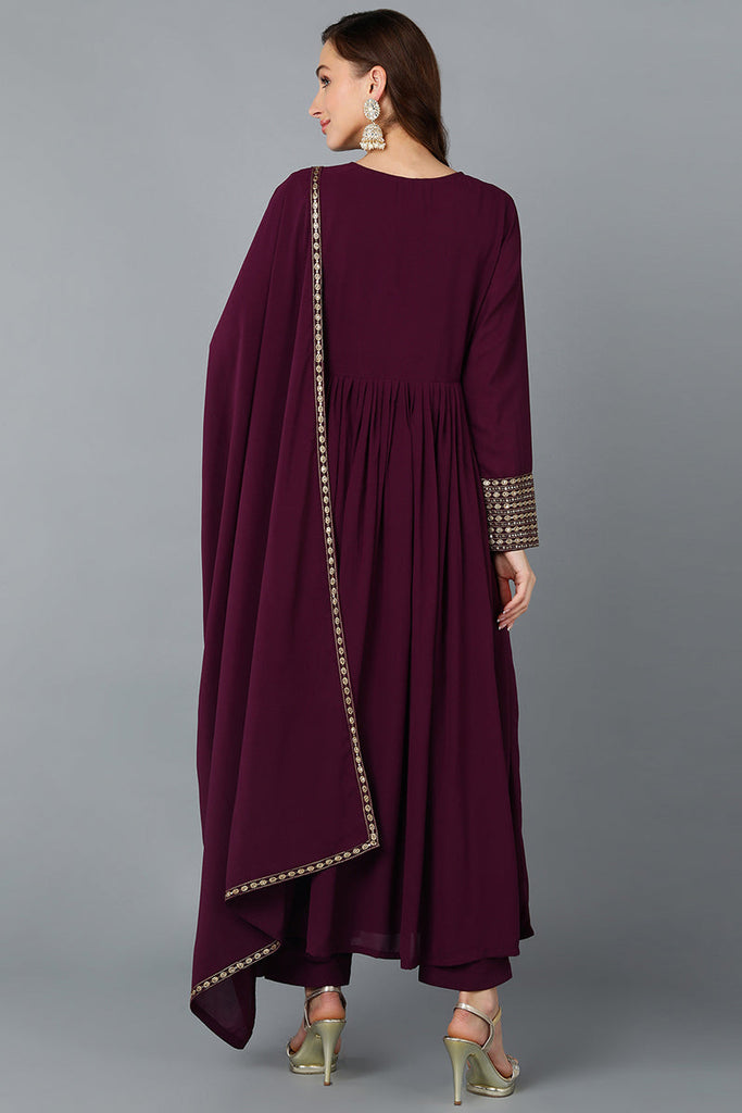 Burgundy Georgette Yoke Design Kurta Pant With Dupatta PKSKD1852