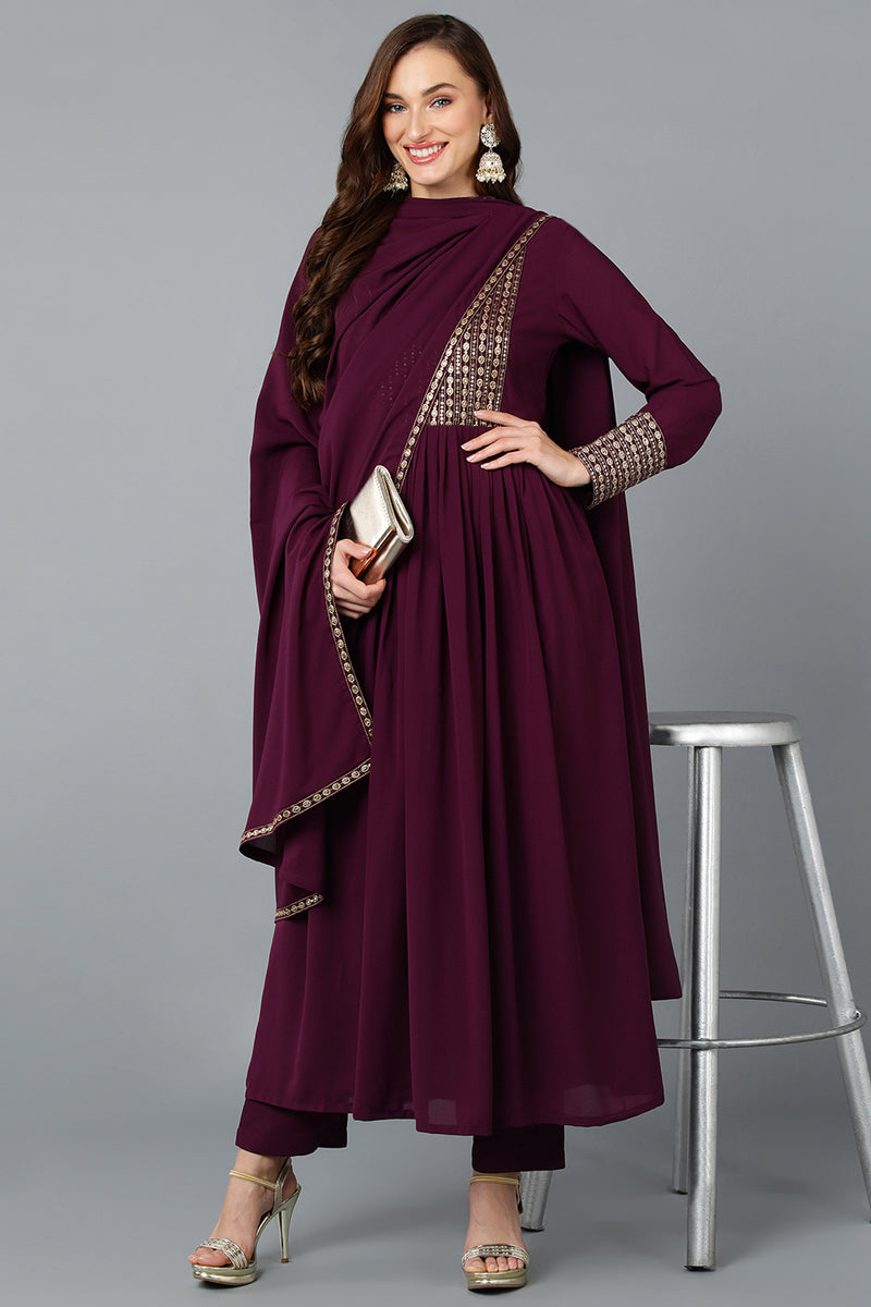 Burgundy Georgette Yoke Design Kurta Pant With Dupatta PKSKD1852