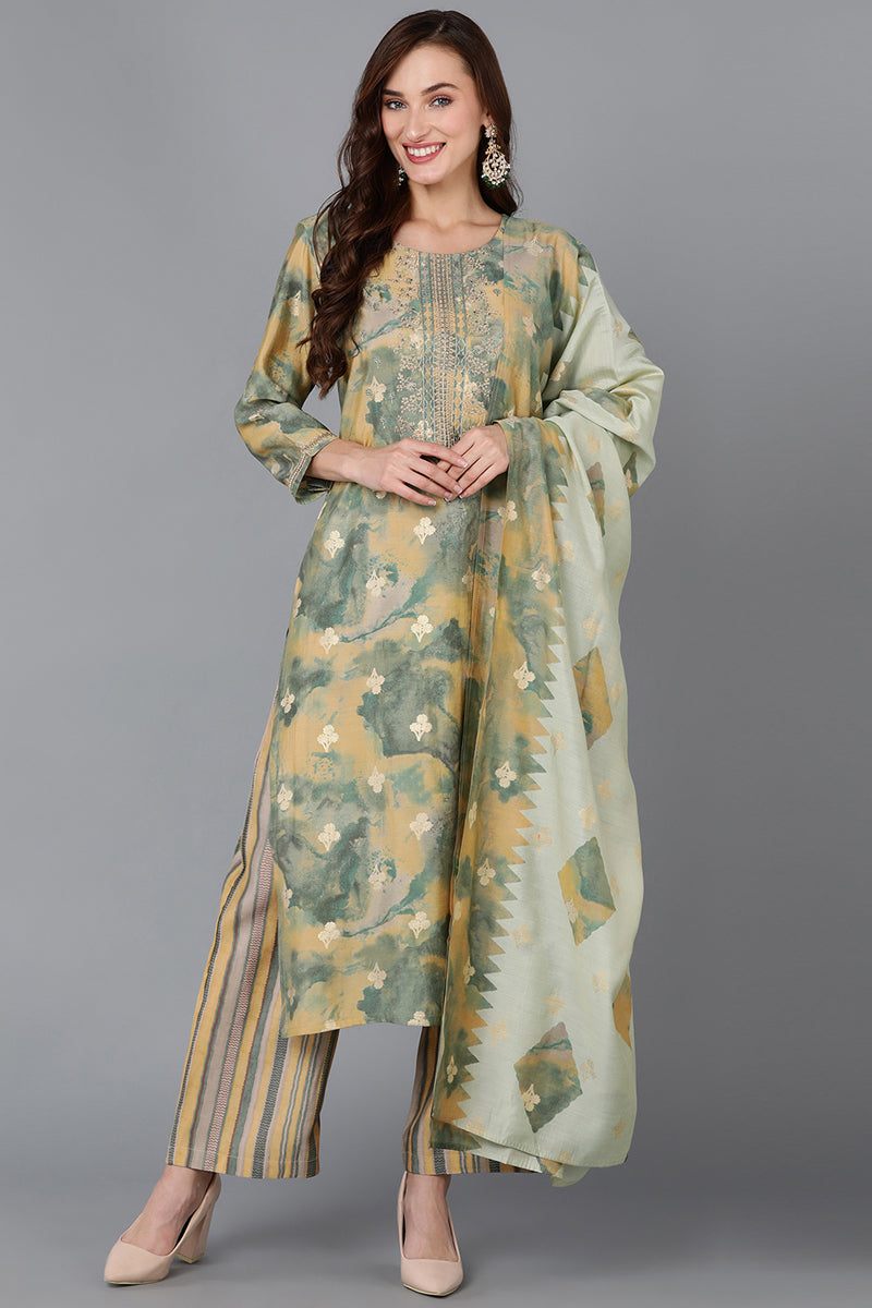 Yellow Silk Blend Straight Kurta Palazzo With Dupatta PKSKD1856