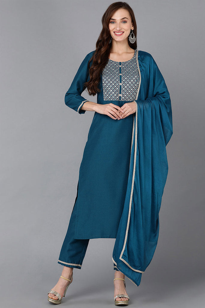 Teal Silk Blend Straight Kurta Pant With Dupatta 