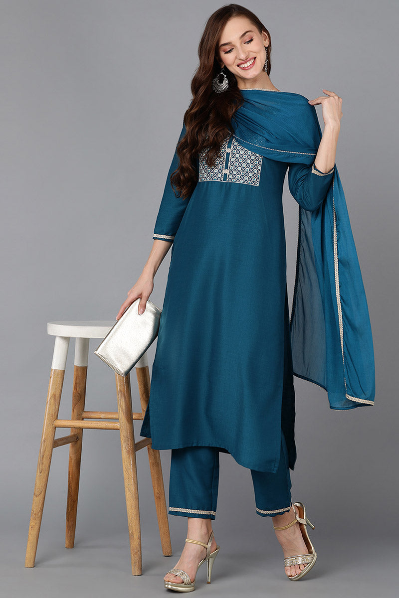 Teal Silk Blend Straight Kurta Pant With Dupatta 