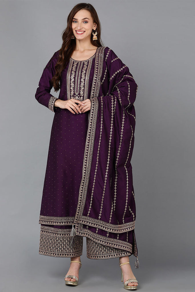 Purple Silk Blend Straight Kurta Palazzo With Dupatta 