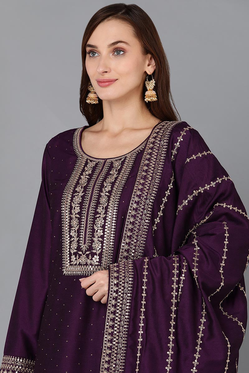 Purple Silk Blend Straight Kurta Palazzo With Dupatta 