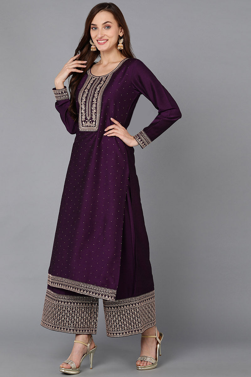 Purple Silk Blend Straight Kurta Palazzo With Dupatta 