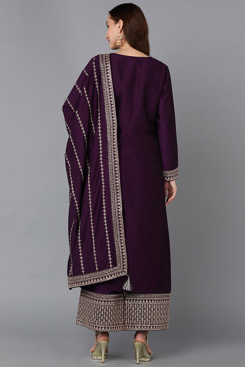 Purple Silk Blend Straight Kurta Palazzo With Dupatta 