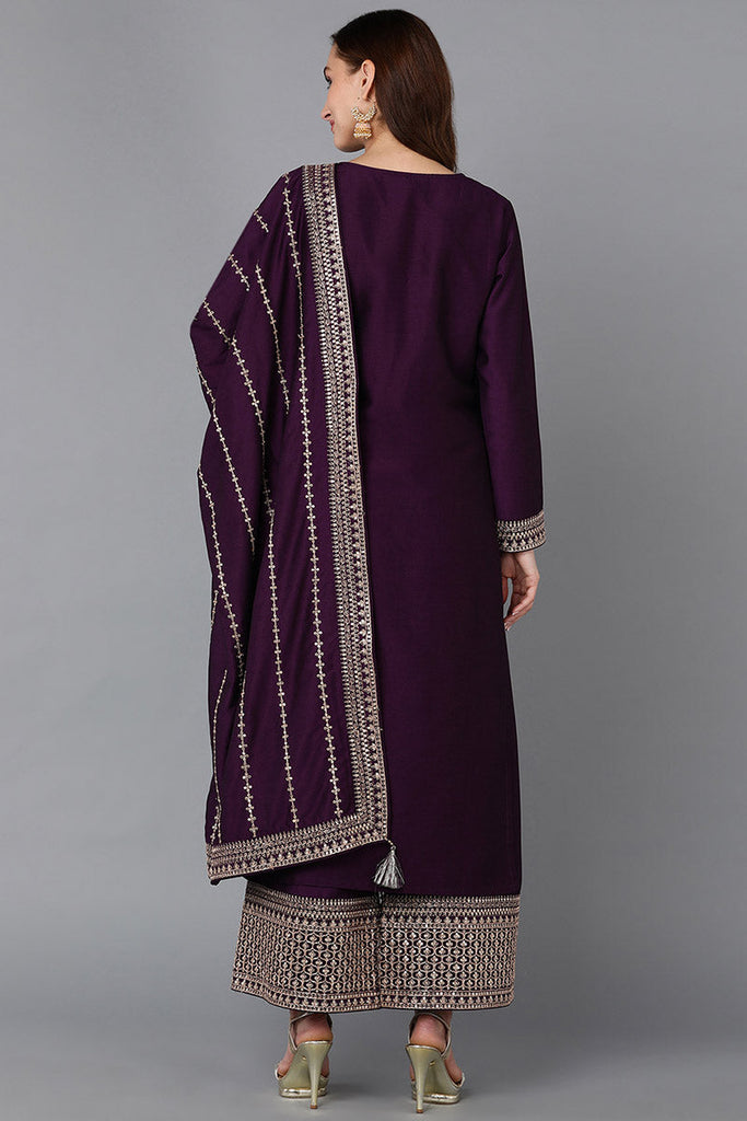 Purple Silk Blend Straight Kurta Palazzo With Dupatta 