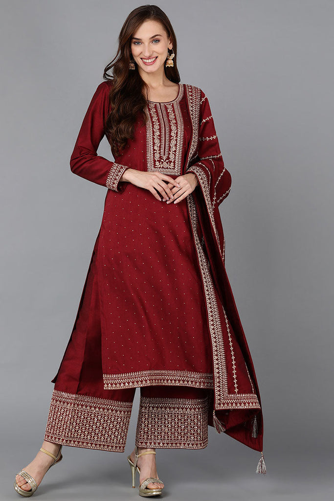 Maroon Silk Blend Straight Kurta Palazzo With Dupatta 