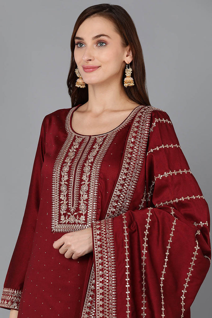 Maroon Silk Blend Straight Kurta Palazzo With Dupatta 