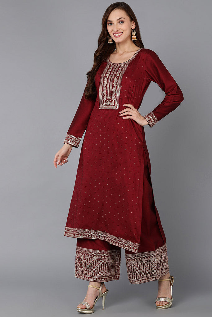 Maroon Silk Blend Straight Kurta Palazzo With Dupatta 