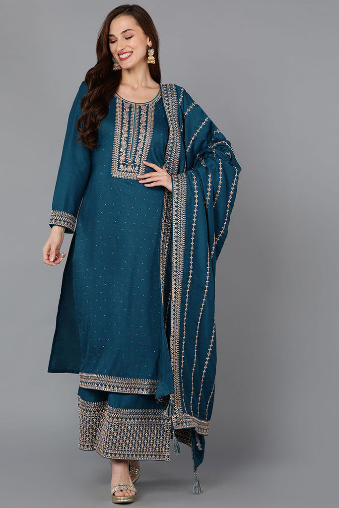 Teal Silk Blend Straight Kurta Palazzo With Dupatta 