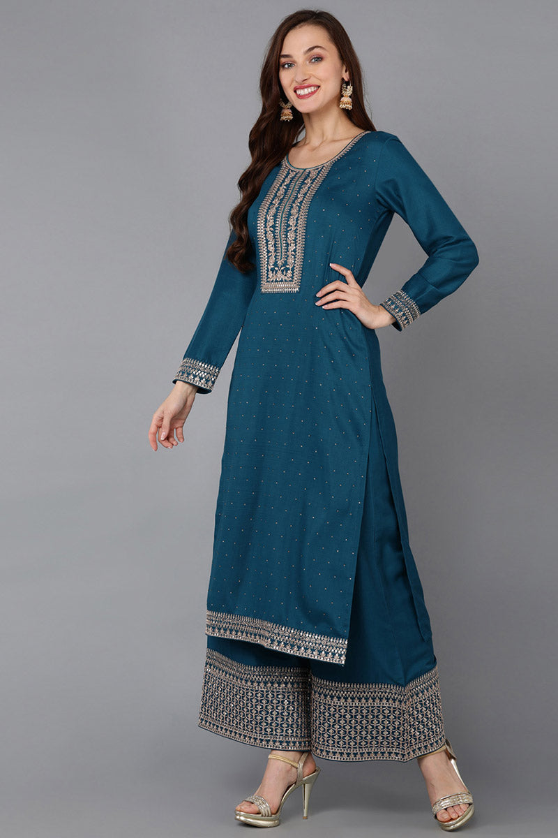 Teal Silk Blend Straight Kurta Palazzo With Dupatta 