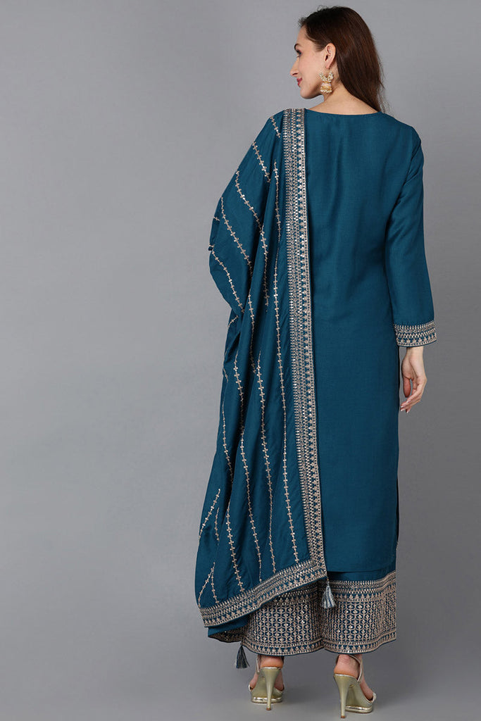 Teal Silk Blend Straight Kurta Palazzo With Dupatta 