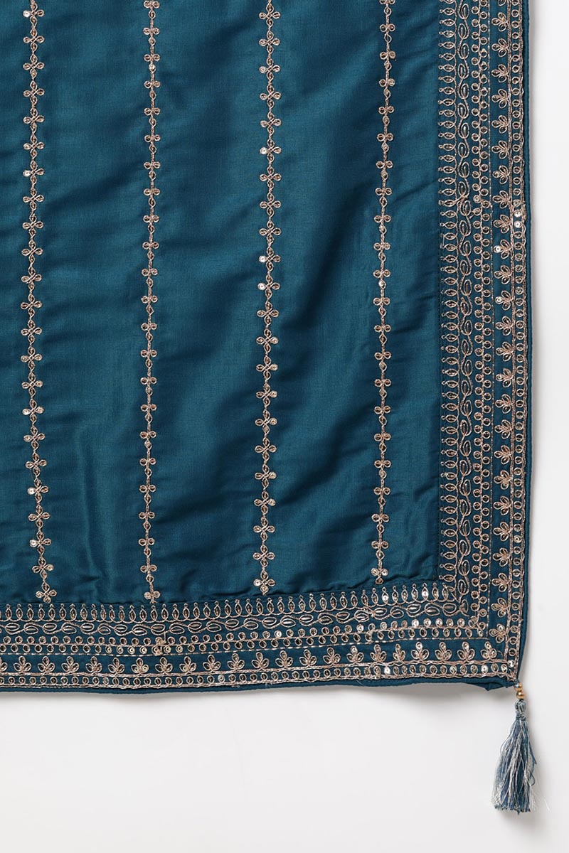 Teal Silk Blend Straight Kurta Palazzo With Dupatta 