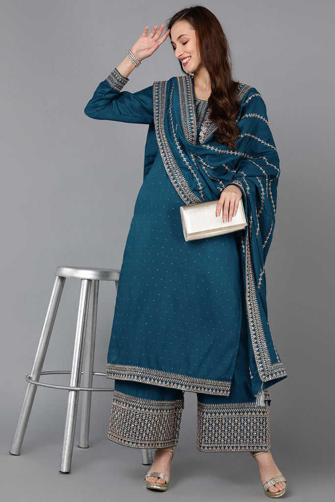 Teal Silk Blend Straight Kurta Palazzo With Dupatta 