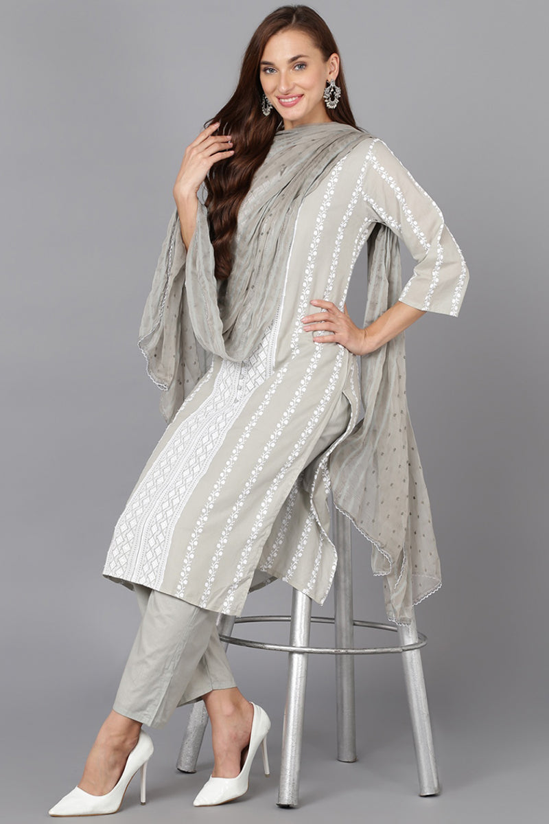 Grey & White Silk Blend Ethnic Motifs Straight Suit Set PKSKD1863