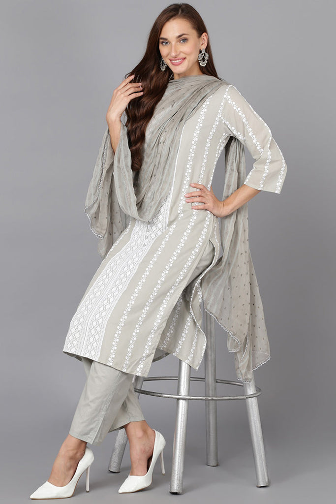 Grey & White Silk Blend Ethnic Motifs Straight Suit Set PKSKD1863