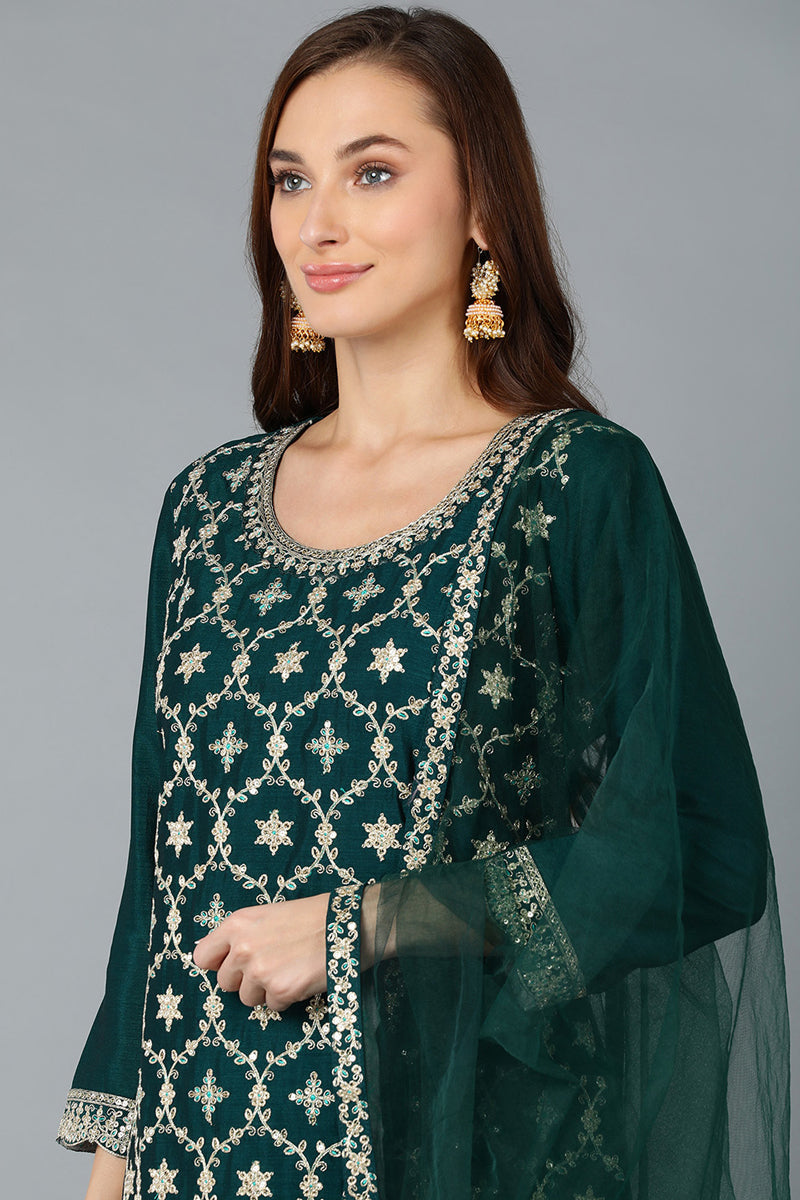 Green Silk Blend Embroidered Kurta Sharara With Dupatta PKSKD1865