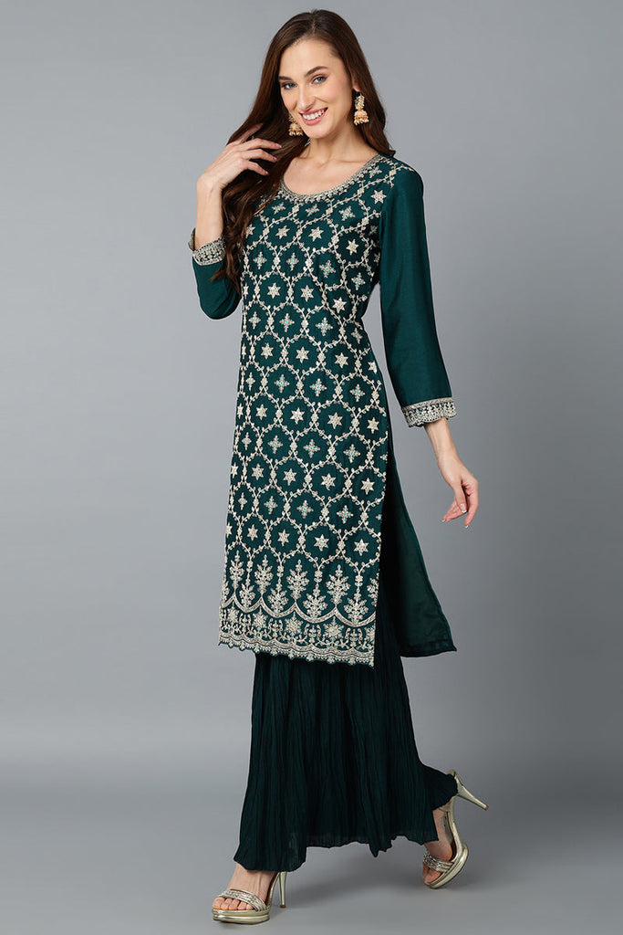 Green Silk Blend Embroidered Kurta Sharara With Dupatta PKSKD1865