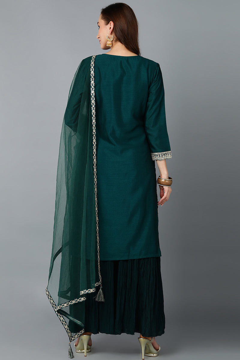 Green Silk Blend Embroidered Kurta Sharara With Dupatta PKSKD1865