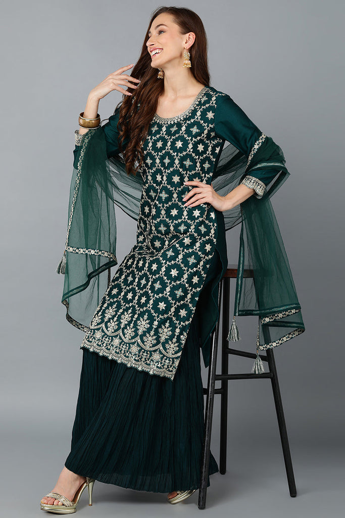 Green Silk Blend Embroidered Kurta Sharara With Dupatta PKSKD1865