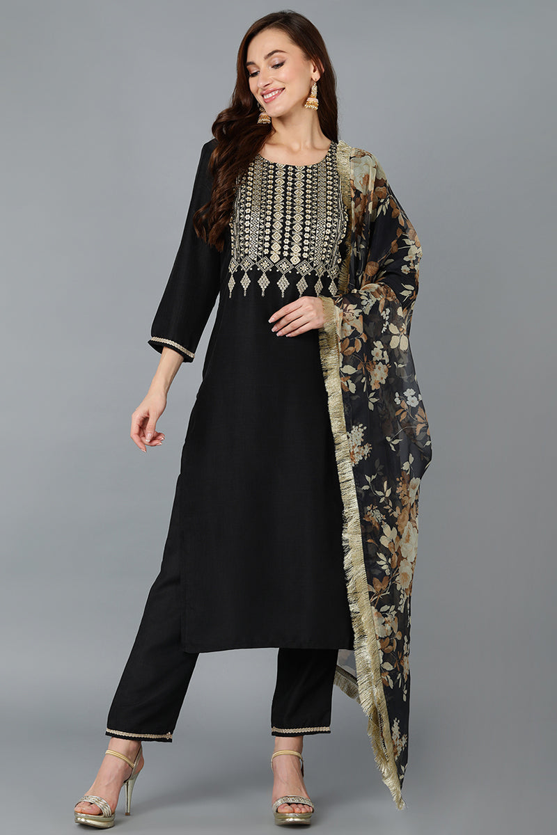 Black Silk Blend Yoke Design Kurta Pant With Dupatta PKSKD1869