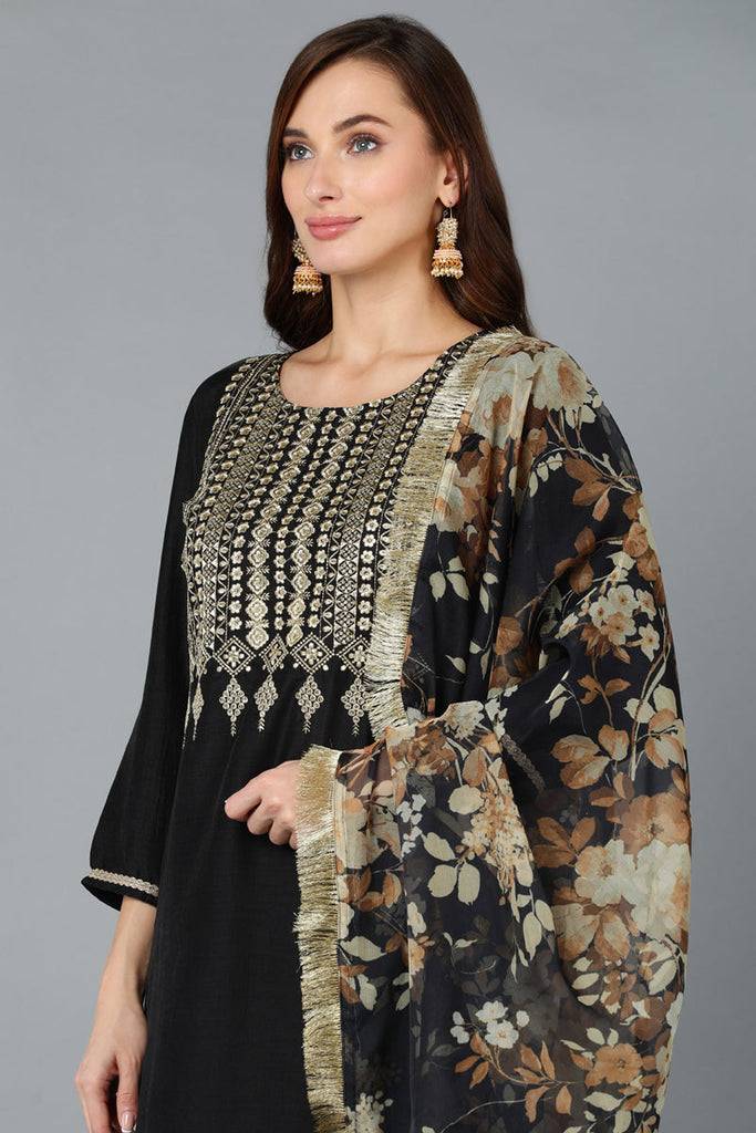 Black Silk Blend Yoke Design Kurta Pant With Dupatta PKSKD1869