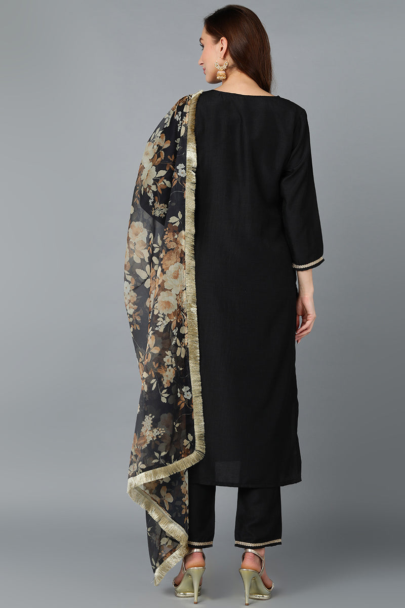 Black Silk Blend Yoke Design Kurta Pant With Dupatta PKSKD1869