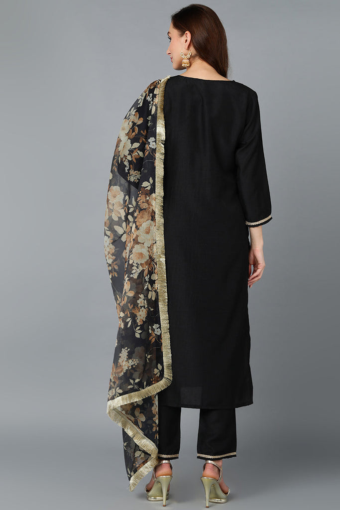 Black Silk Blend Yoke Design Kurta Pant With Dupatta PKSKD1869