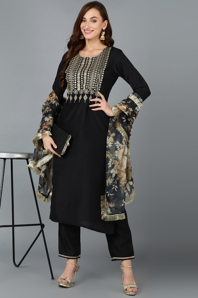 Black Silk Blend Yoke Design Kurta Pant With Dupatta PKSKD1869