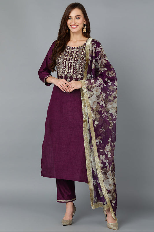 Purple Silk Blend Yoke Design Kurta Pant With Dupatta PKSKD1870