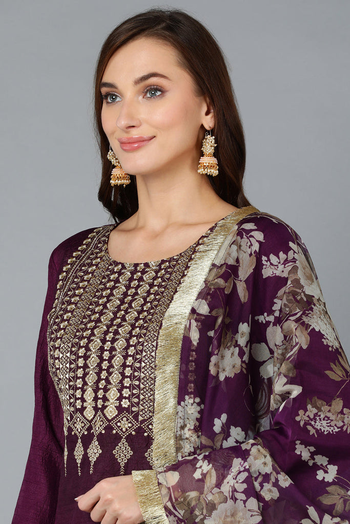 Purple Silk Blend Yoke Design Kurta Pant With Dupatta PKSKD1870